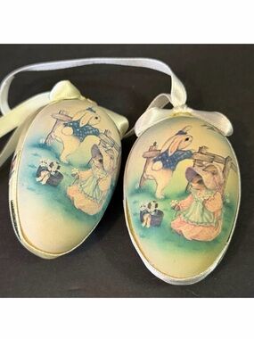 Vintage Easter Egg Ornaments Nostalgic Petter Rabbit Imagery Ribbon Decor Lot 2x